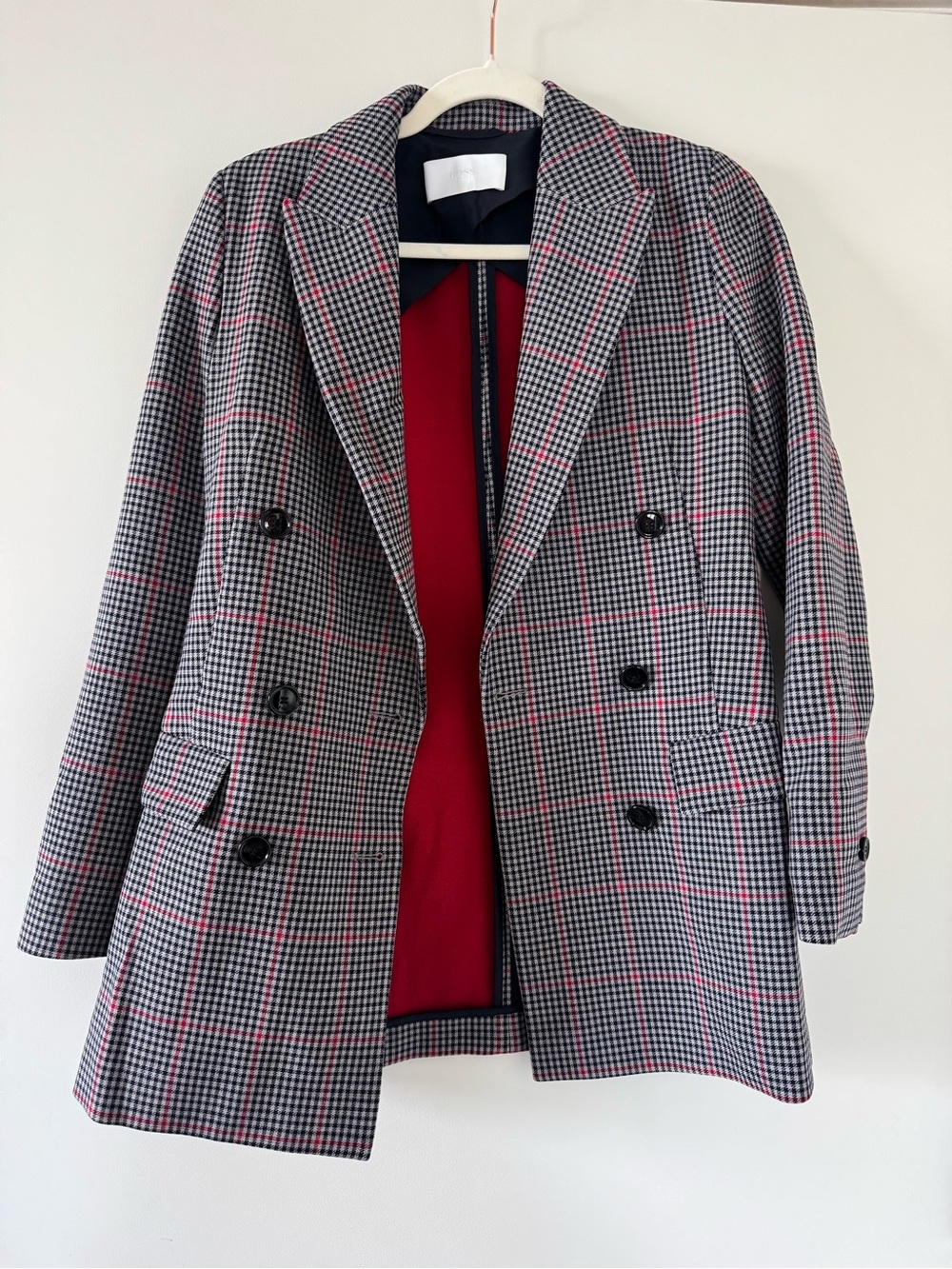 Boss Black-and-White Checked Double-Breasted Blazer with Red Lining